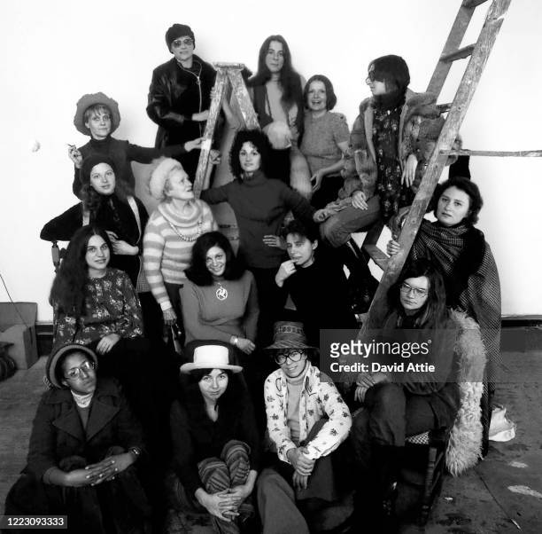 Founding members of the first women's cooperative art gallery, A.I.R., from left to right, bottom to top: Howardena Pindell, Daria Dorosh, Maude...