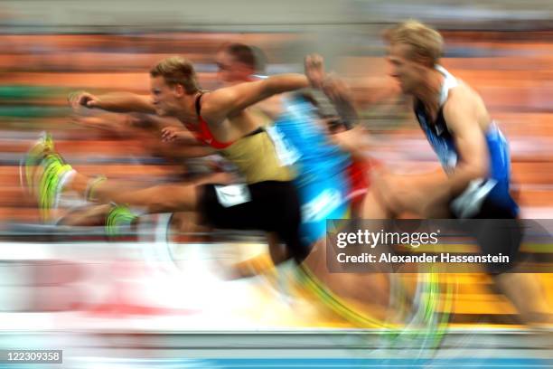 Pascal Behrenbruch of Germany competes in the 110 metres hurdles in the men's decathlon during day two of the 13th IAAF World Athletics Championships...