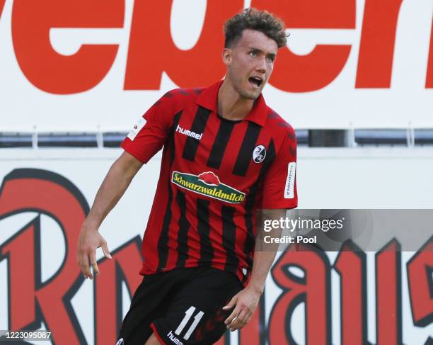 Freiburg's Luca Waldschmidt celebrates after scoring to give his side a 1-0 lead during the Bundesliga match between Sport-Club Freiburg and FC...