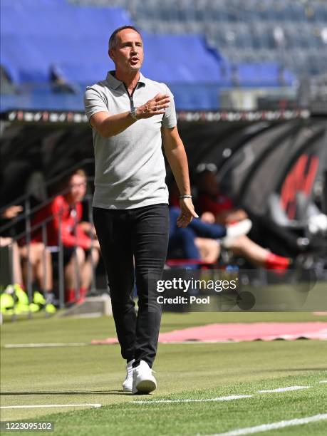 Adi Huetter, Head Coach of Eintracht Frankfurt gives instructions during the Bundesliga match between Eintracht Frankfurt and SC Paderborn 07 at...