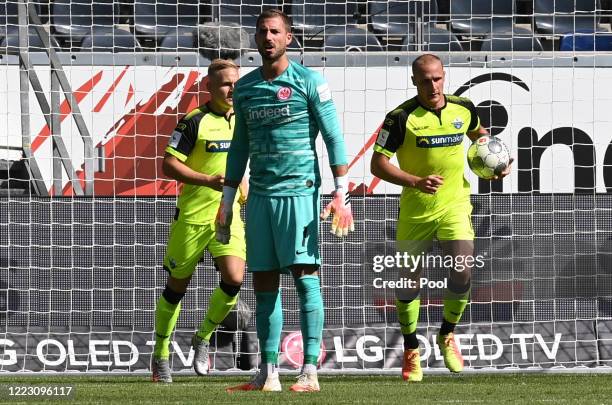 Sven Michel of SC Paderborn 07 celebrates after scoring his team's second goal during the Bundesliga match between Eintracht Frankfurt and SC...