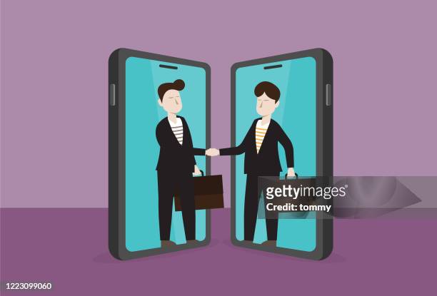 business partners handshake from a mobile phone - sharing economy stock illustrations