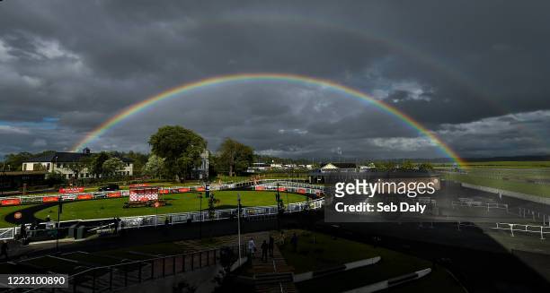 Kildare , Ireland - 27 June 2020; A rainbow is seen above the Parade Ring ahead of the Dubai Duty Free Irish Derby during day two of the Dubai Duty...