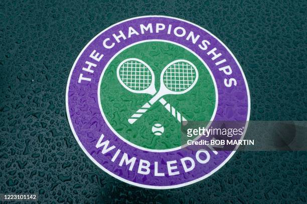 Picture shows the Wimbledon logo at the All England Lawn Tennis Club in west London on June 27, 2020 the weekend before the Wimbledon Championships...