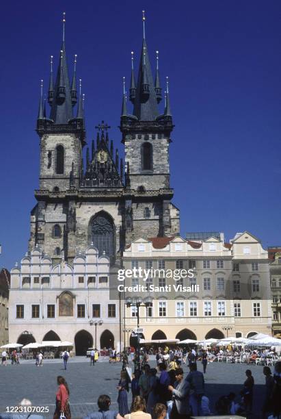 Old Town Square with Tyn Church on June 7, 1995 in Prague, Czech Republic.