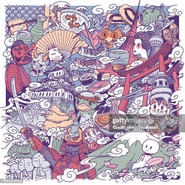 illustrations, cliparts, dessins animés et icônes de doodle de culture du japon - japanese samurai art