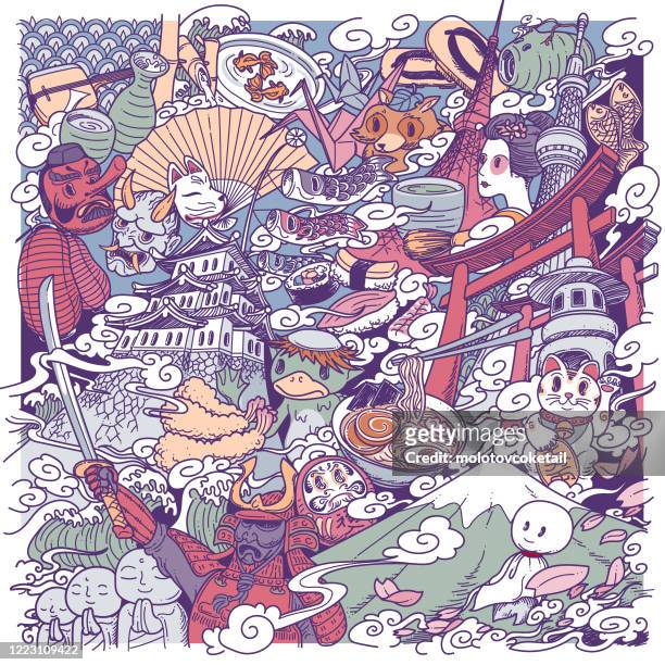ilustrações de stock, clip art, desenhos animados e ícones de japan culture doodle - arte