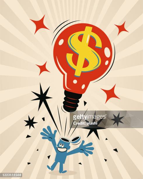 super great idea light bulb coming out of a blue man’s open head. concept about monetizing your knowledge (to turn knowledge into money) - scientist and explosion stock illustrations