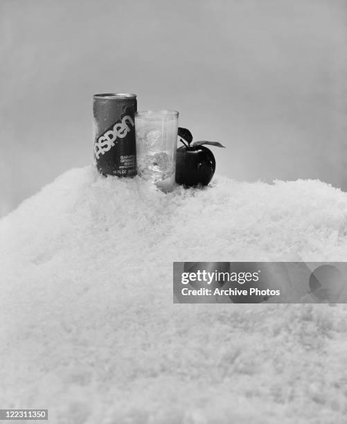 Drinks can, glass of drink and apple on crushed ice