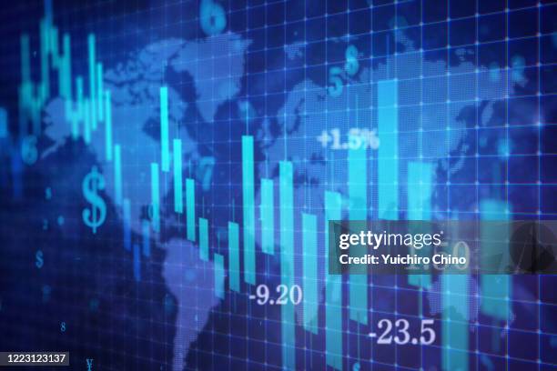 stock market chart and global map - global crisis stock pictures, royalty-free photos & images