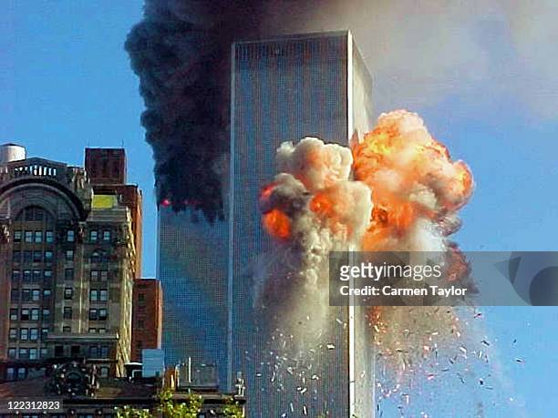 United flight 175 flies directly into World Trade Center tower 2 during a terrorist attack.