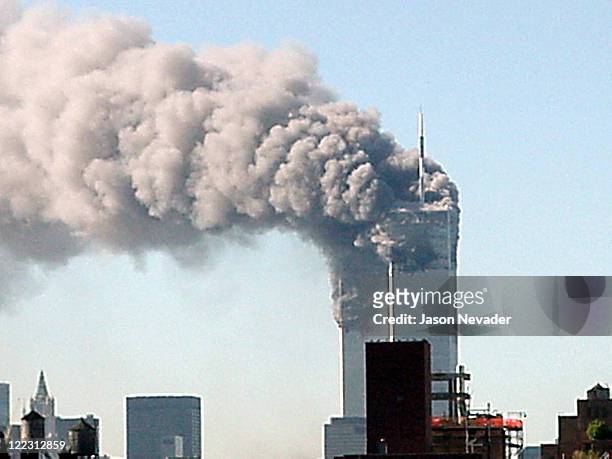 The twin towers of the World Trade Center are shown after hi-jacked planes were crashed into them.