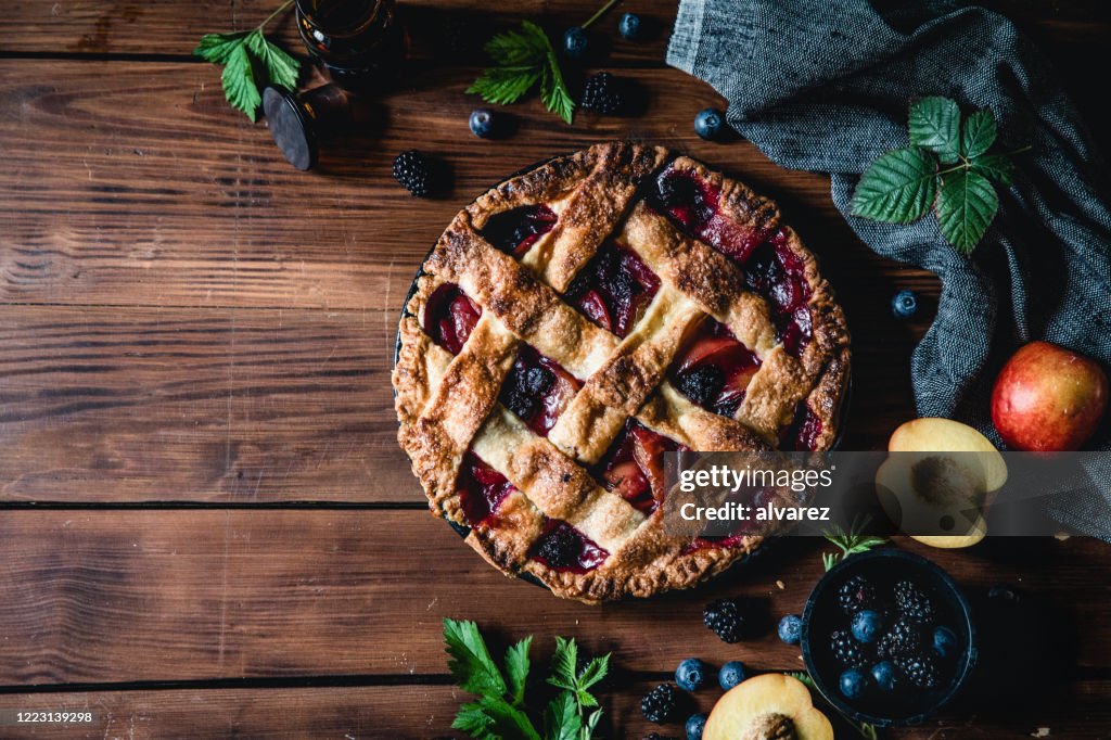 High angle photograph of a lattice fruit pie