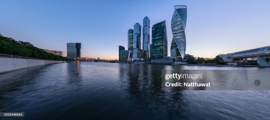 Panoramic view of Moscow International Business Centre (MIBC) at sunset, Moscow, Russia