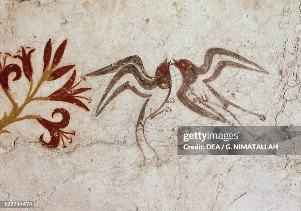 Greek civilization, 16th century b.C. Fresco depicting Spring. From Akrotiri, Thera, Santorini, Greece. Detail: swallows.
