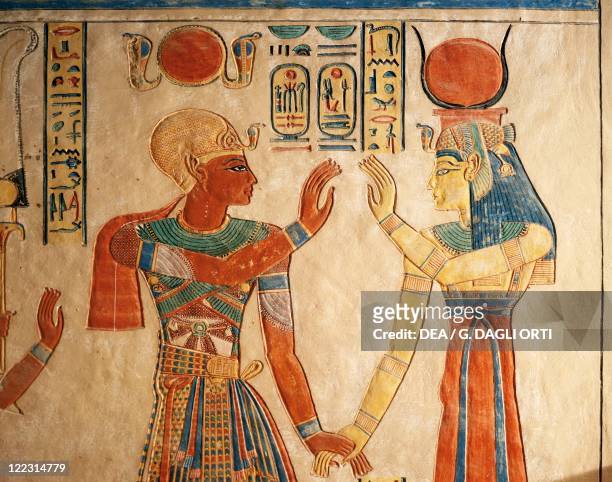 Egypt - Luxor - Ancient Thebes - Valley of the Queens, Amonherkhopeshaf's Tomb. New Kingdom, Dynasty XX. Painted relief depicting Pharaoh Ramses III...