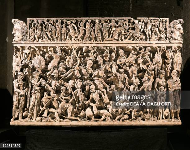 Roman civilization, 2nd century A.D. Sarcophagus with relief decoration showing a battle between Roman horsemen and Barbarians during Germanic Wars...