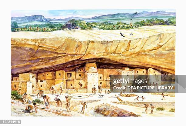 Native American civilizations. Anasazi culture. Reconstructed Cliff Palace, Mesa Verde, Colorado. Color illustration.