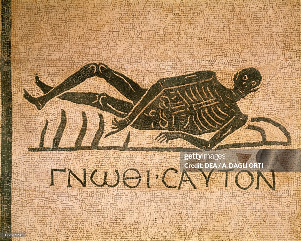 Mosaic depicting human skeleton with inscription Know thyself 