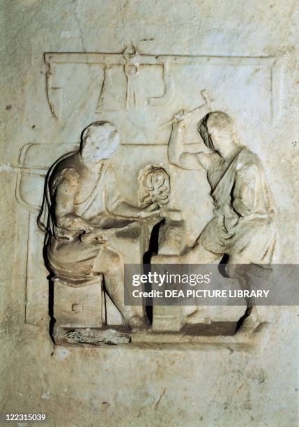 Roman civilization, 1st century A.D. Knife sellers altar. Detail of the relief.