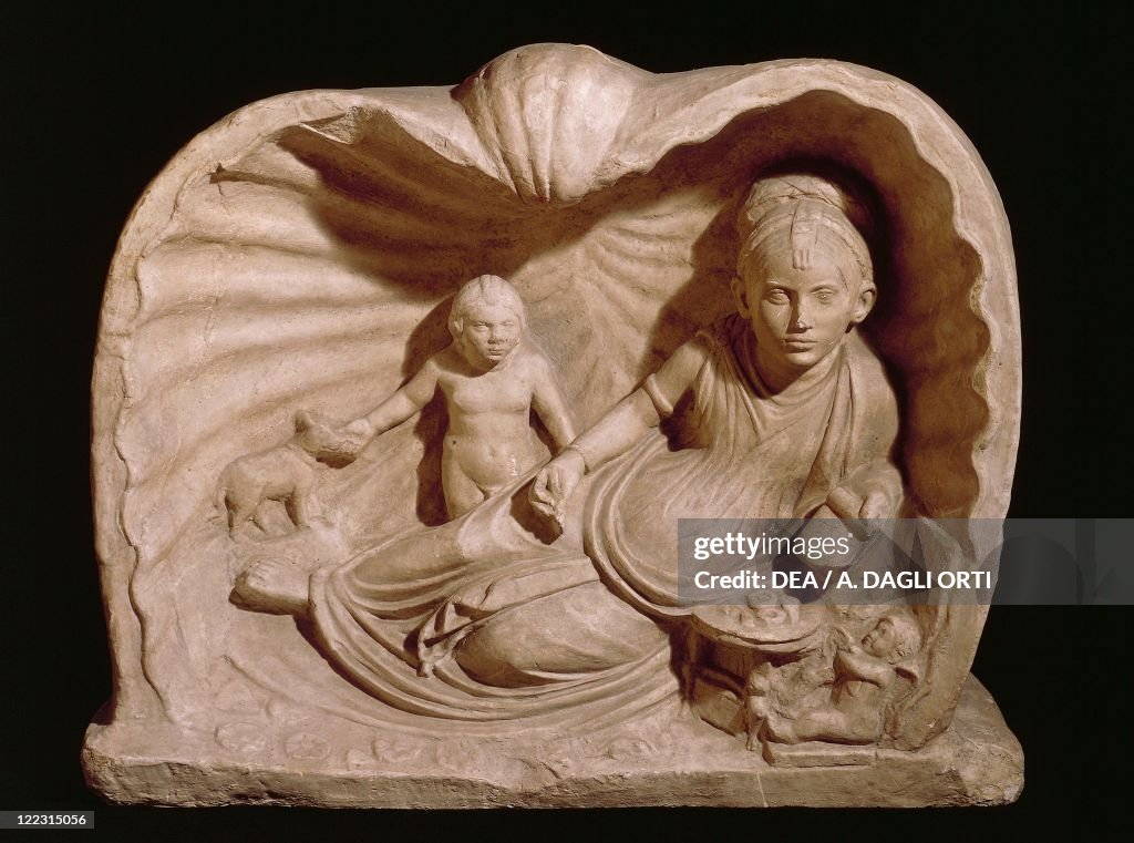 Shell from Trajan period with relief portraying cultured lady lying on bed writing, from Villa Albani Museum, Rome