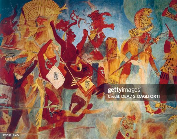 Maya civilization, Mexico, 9th century A.D. Reconstruction of Bonampak frescos. Room 2. War scenes.