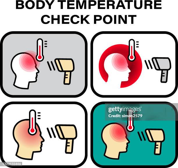 ilustrações, clipart, desenhos animados e ícones de termômetro infravermelho verifica o sinal de temperatura corporal - testa