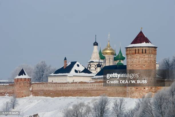 Russia, Suzdal, cathedral domes and walls of Saviour Monastery of St Euthymius .