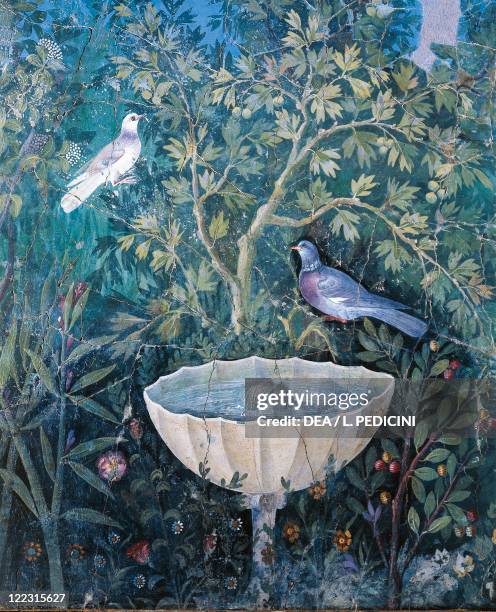 Roman civilization, 1st century A.D. Wall decorated with Third style fresco, depicting garden and birds. From Pompei. Detail: a fountain.