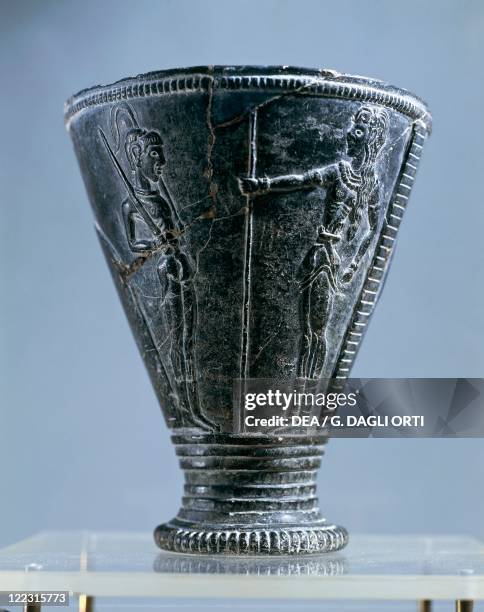 Minoan civilization, 18th-16th century b.C. The 'Prince's Vase', in black steatite, from Aghia Triadha , Island of Crete.