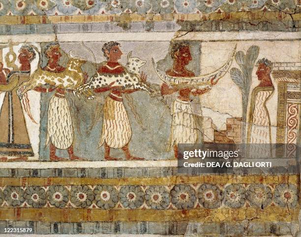 Minoan civilization, 15th century b.C. Aghia Triadha sarcophagus. Detail: parade of bidders.
