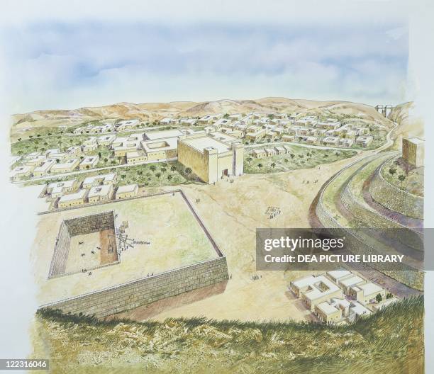 Archaeology - Syria. Reconstructed sacred area of Ishtar at Ebla. Colour illustration.