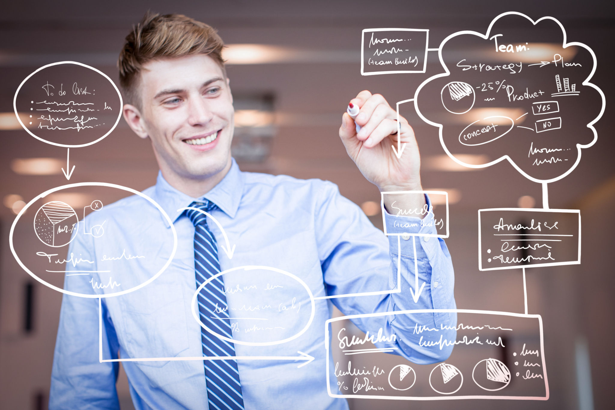 A smiling businessman uses a stylus to draw a colorful flowchart on a transparent digital board. A smiling businessman uses a stylus to draw a colorful flowchart on a transparent digital board.
