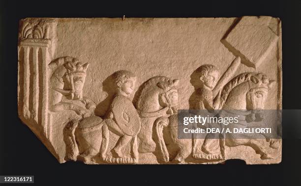 Roman civilization, 2nd century A.D. Relief depicting the iuvenes on horseback, from ancient Virunum, Austria.