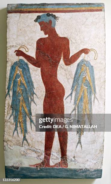 Greek civilization, 16th century b.C. Fresco depicting a fisherman. From Akrotiri, Thera, Santorini, Greece.