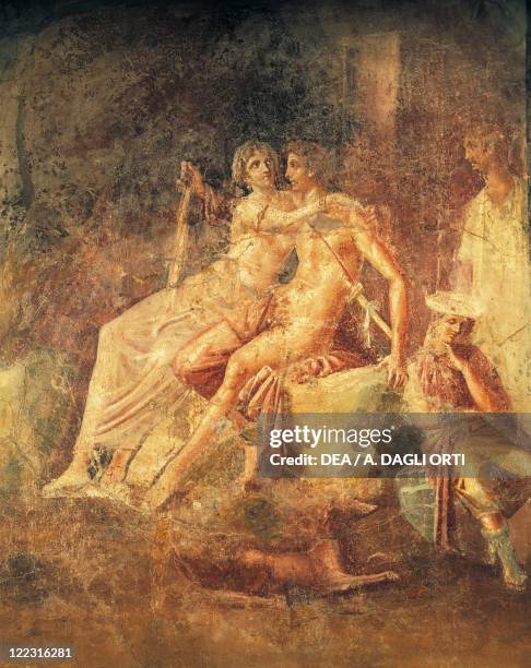 Roman civilization, 1st century A.D. Fresco depicting Ares and Aphrodite From the House of the Citharist, Pompei, Italy.