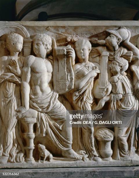 Roman civilization, 3rd century A.D. Marble sarcophagus with relief depicting Achilles at the court of King Lycomedes, 240 A.D. Circa. Detail: Apollo...