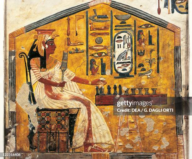 Egypt, Thebes - Luxor - Valley of the Queens. Tomb of Nefertari. Detail of antechamber frescoes, Queen Nefertari playing Senet.