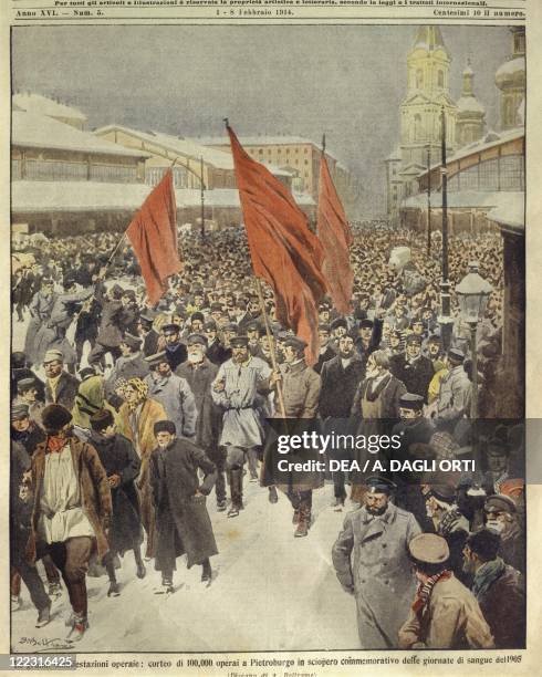 Russian Empire, 20th century - One hundred thousand workers march at Saint Petersburg to commemorate Bloody Sunday of 1905. Cover illustration from...