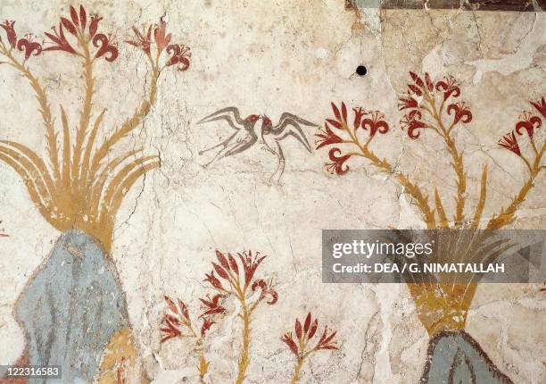 Greek civilization, 16th century b.C. Fresco depicting Spring. From Akrotiri, Thera, Santorini, Greece. Detail.