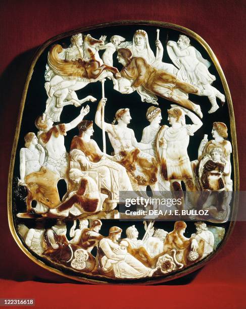 Roman civilization, 1st century A.D. Great Cameo of France, sardonyx cameo depicting apotheosis of emperor Tiberius and Germanicus paying homage to...