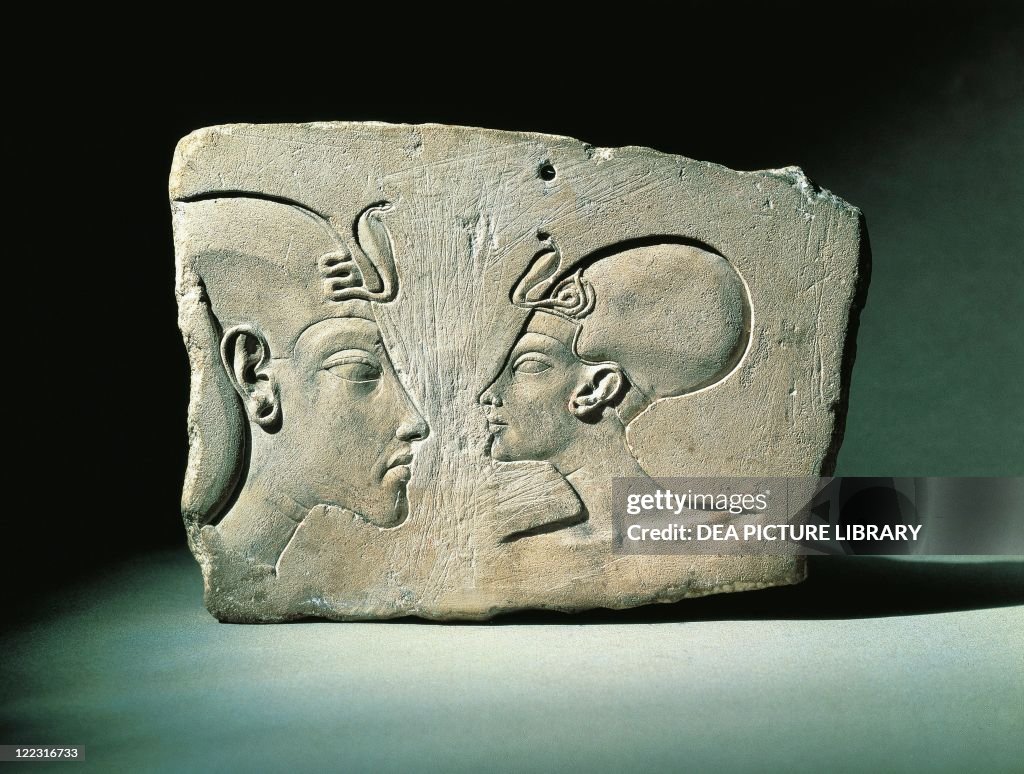 Egypt, Bas-relief portraying Amenhotep IV (Pharaoh Akhenaten, circa 1360-1342) and Nefertiti (circa 1370-1330 BC) in profile, eighteenth dynasty, limestone 