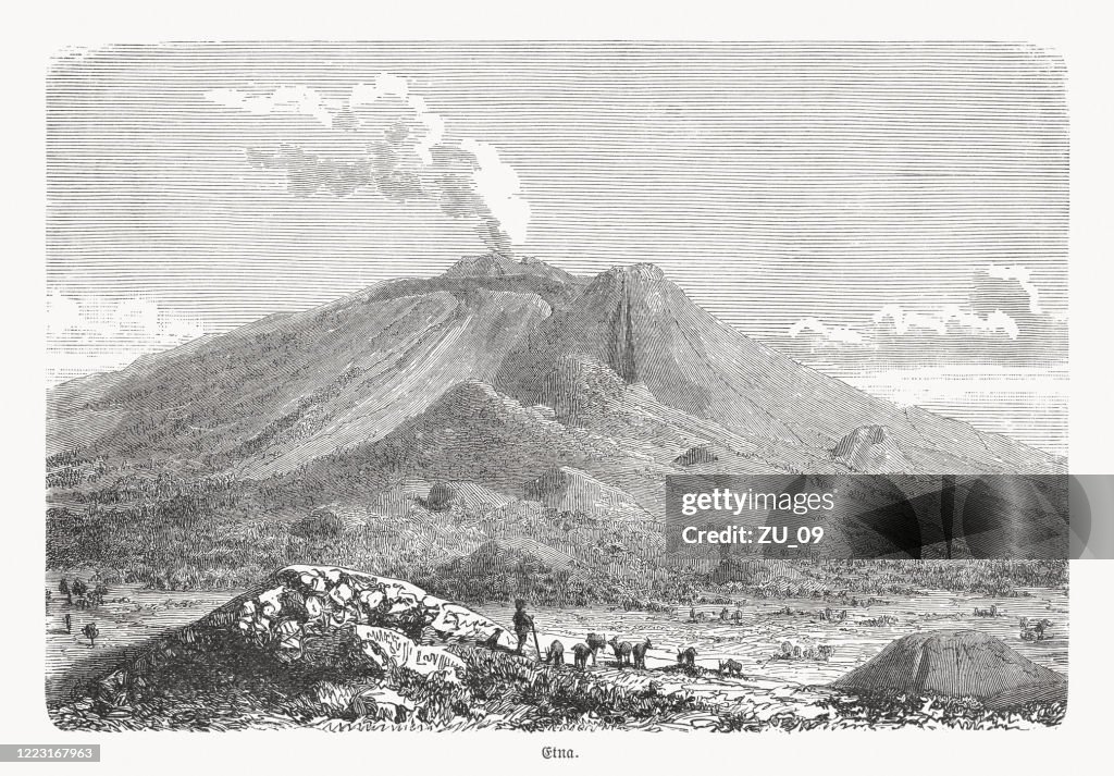 Mount Etna, stratovolcano on Sicily, Italy, wood engraving, published 1893