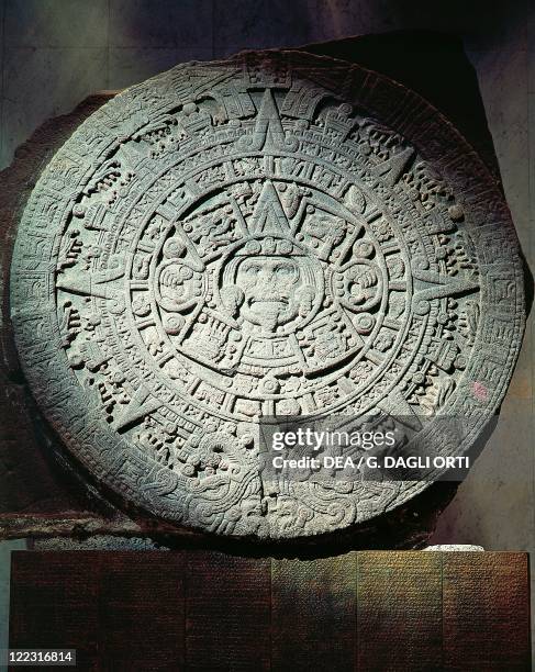 Aztec civilization, Mexico, 16th century A.D. Calendar or Sun Stone known as 'Cuauhxicalli' .