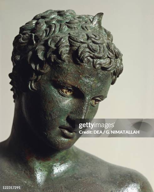 Greek civilization, 4th century b.C. Bronze statue of a youth. From Marathon. Detail.