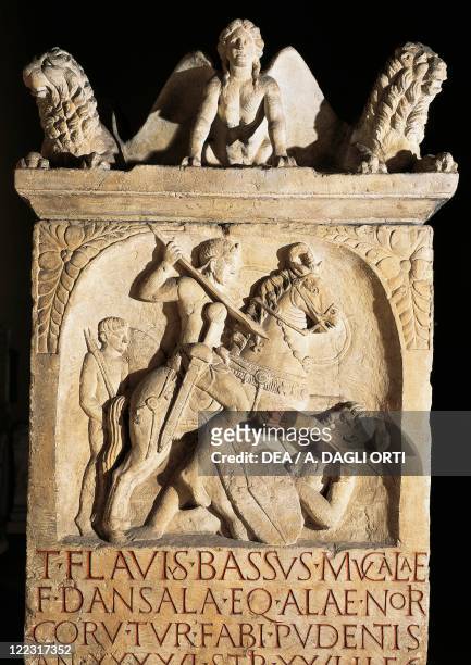 Roman civilization, 3rd century A.D. Funerary stele of Knight Flavio Basso stationed in Noricum.