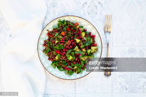 plate of vegan salad with lentils,cucumber, bell pepper, parsley and pomegranate seeds - lentil stockfoto's en -beelden