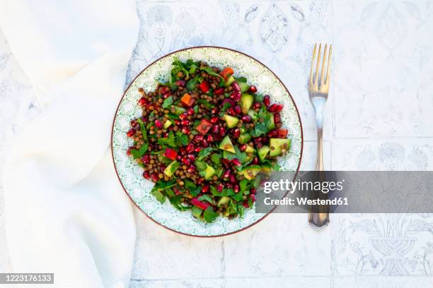 plate of vegan salad with lentils,cucumber, bell pepper, parsley and pomegranate seeds - lentils stock pictures, royalty-free photos & images