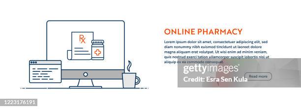 stockillustraties, clipart, cartoons en iconen met online apotheek concept met line computer illustratie met bewerkbare slag. - healthy lifestyle infographic