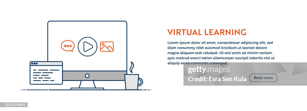 Virtual Learning Concept with Line Computer Illustration with Editable Stroke.